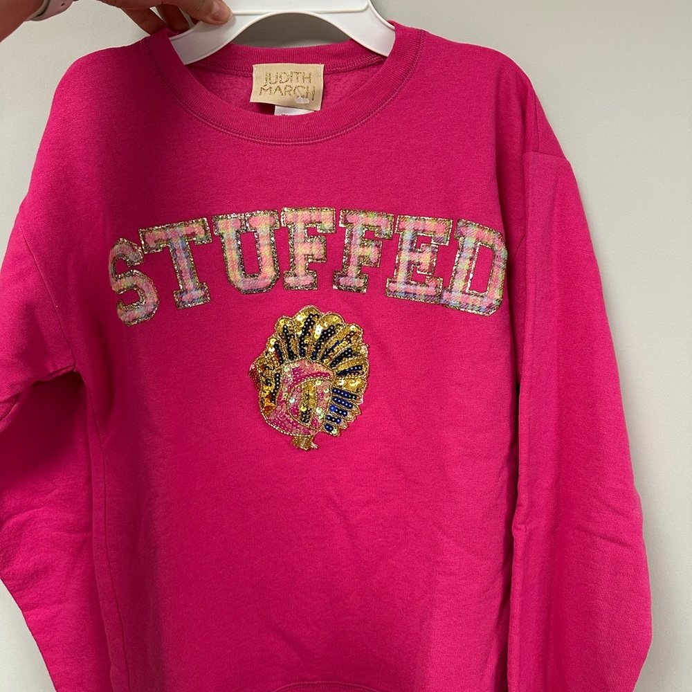 Judith March Bright Pink Sequin 'STUFFED' Sweatshirt with Turkey